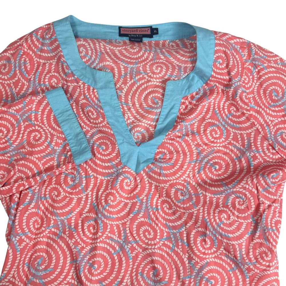 Vineyard Vines Starfish Swirl Rope Cotton Tunic Top Cover Up Split Neck Women XL